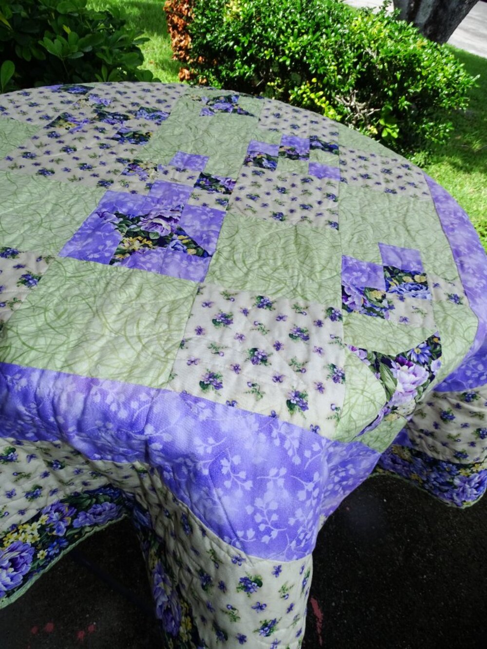 Handmade Quilt Purple, Yellow and Green Floral Excellent Condition 71" x 59"
